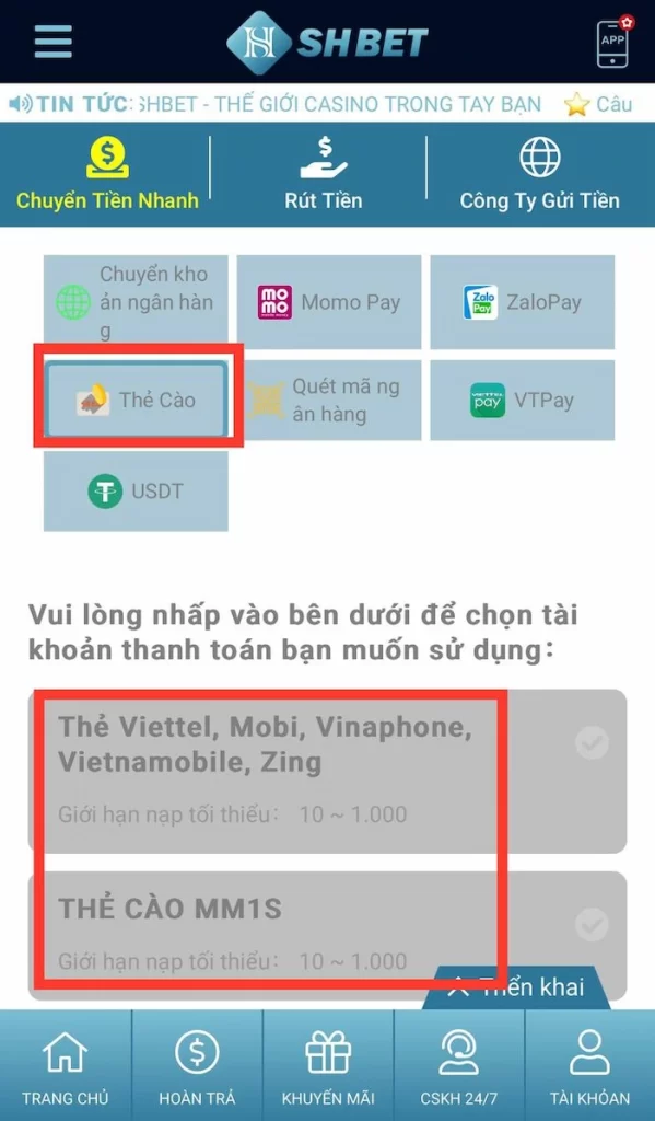 Nạp Tiền Thông Qua Thẻ Cào